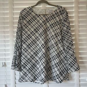 Calvin Klein Top Black White Plaid Long Sleeve Bell Sleeves Large